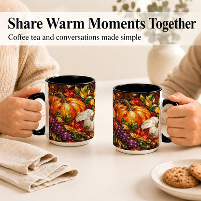 #pl[15oz|Black] Stained Glass Style Pumpkin Coffee Mug, Autumn Harvest Mug, Ceramic Cup