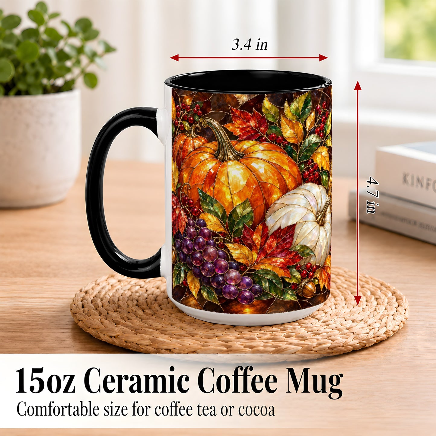 #pl[15oz|Black] Stained Glass Style Pumpkin Coffee Mug, Autumn Harvest Mug, Ceramic Cup