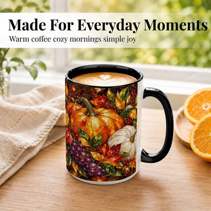 #pl[15oz|Black] Stained Glass Style Pumpkin Coffee Mug, Autumn Harvest Mug, Ceramic Cup