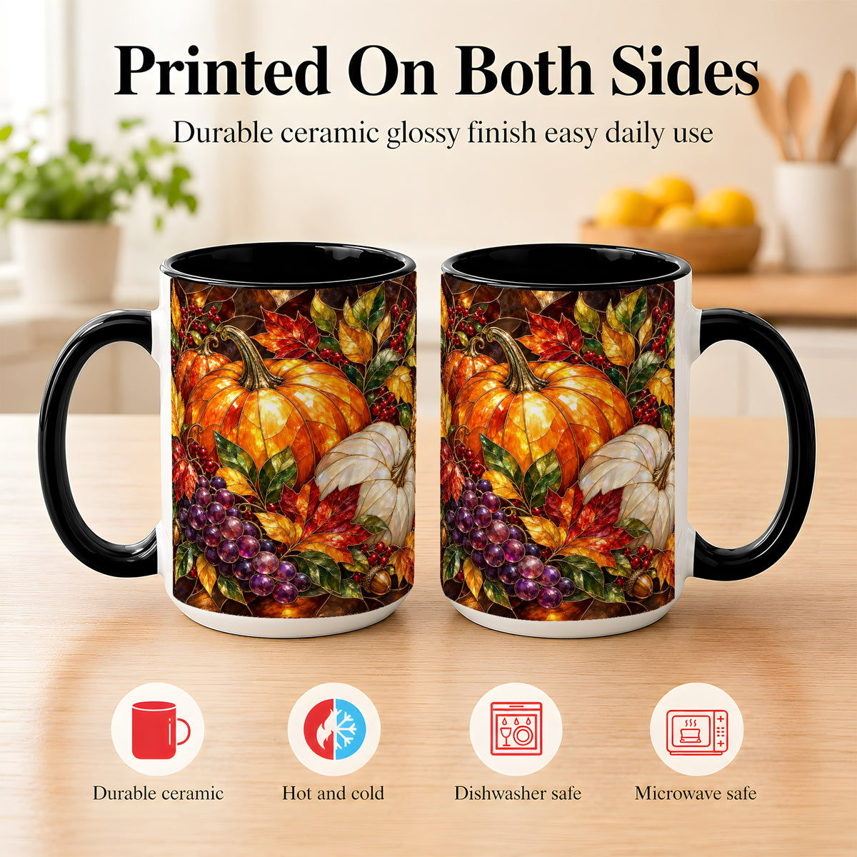 #pl[15oz|Black] Stained Glass Style Pumpkin Coffee Mug, Autumn Harvest Mug, Ceramic Cup