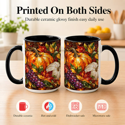 #pl[15oz|Black] Stained Glass Style Pumpkin Coffee Mug, Autumn Harvest Mug, Ceramic Cup