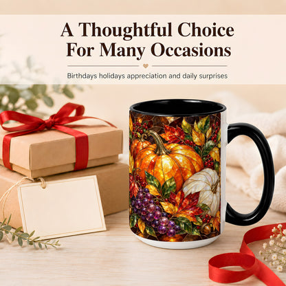 #pl[15oz|Black] Stained Glass Style Pumpkin Coffee Mug, Autumn Harvest Mug, Ceramic Cup