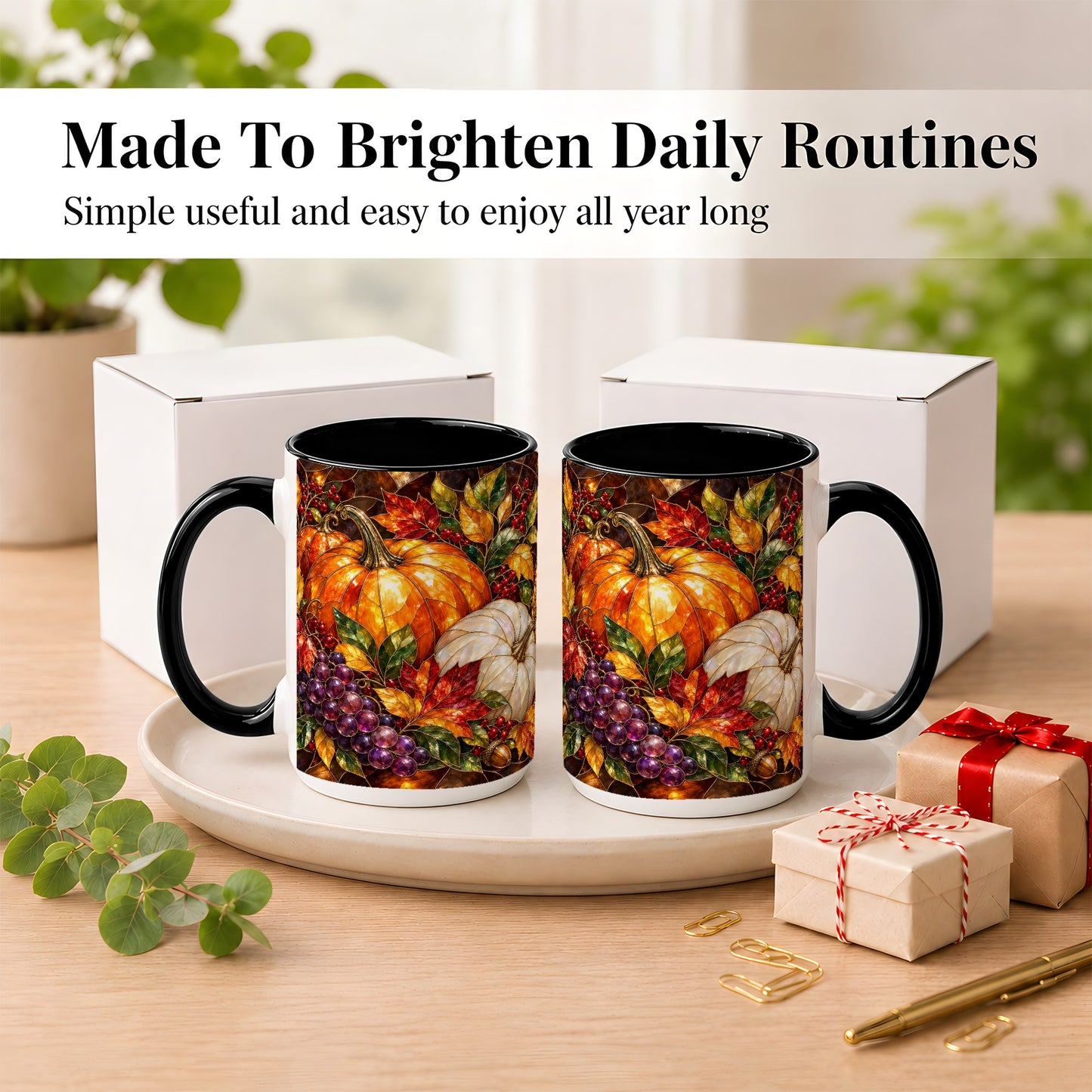 #pl[15oz|Black] Stained Glass Style Pumpkin Coffee Mug, Autumn Harvest Mug, Ceramic Cup