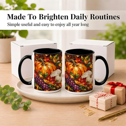 #pl[15oz|Black] Stained Glass Style Pumpkin Coffee Mug, Autumn Harvest Mug, Ceramic Cup