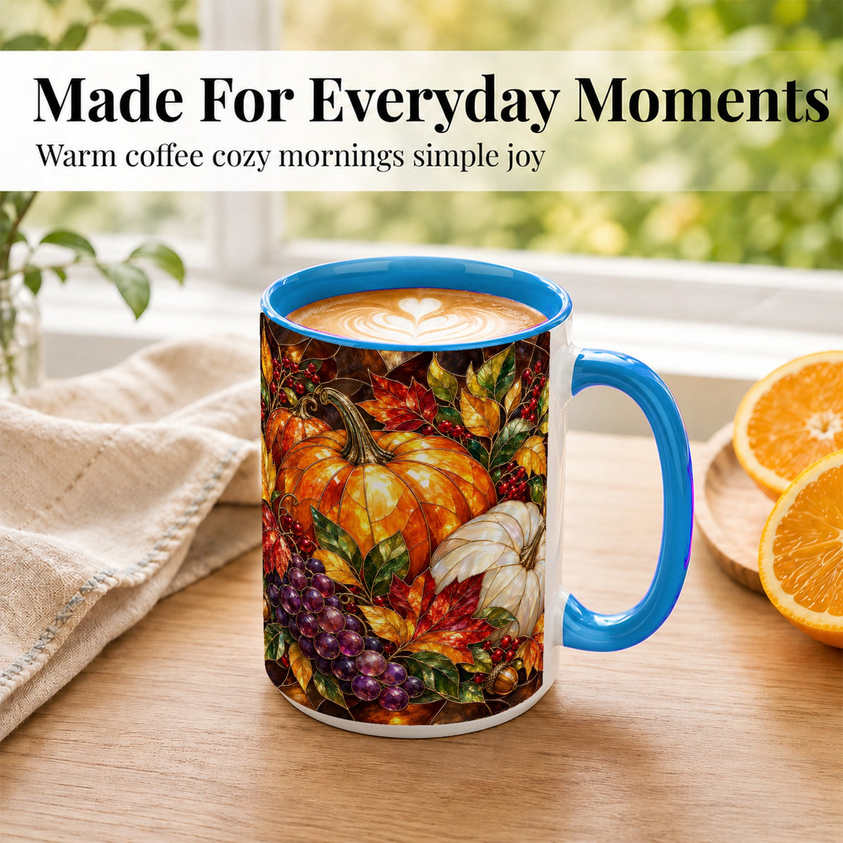 #pl[15oz|Blue] Stained Glass Style Pumpkin Coffee Mug, Autumn Harvest Mug, Ceramic Cup