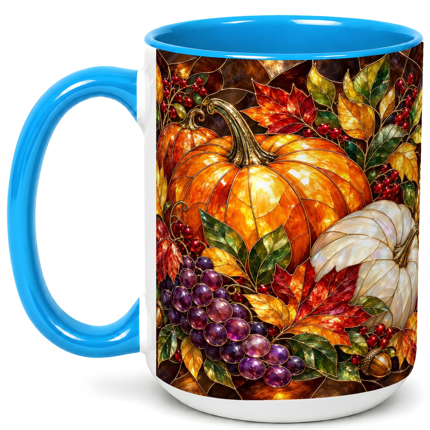 #pl[15oz|Blue] Stained Glass Style Pumpkin Coffee Mug, Autumn Harvest Mug, Ceramic Cup