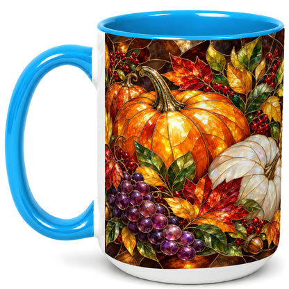 #pl[15oz|Blue] Stained Glass Style Pumpkin Coffee Mug, Autumn Harvest Mug, Ceramic Cup