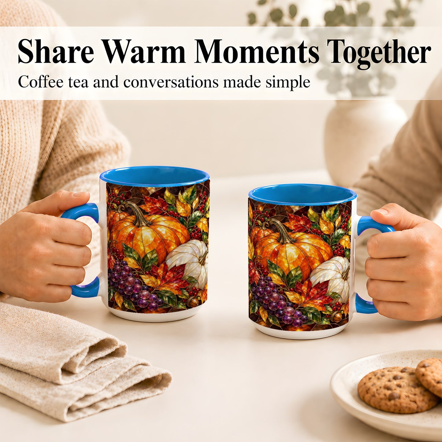 #pl[15oz|Blue] Stained Glass Style Pumpkin Coffee Mug, Autumn Harvest Mug, Ceramic Cup