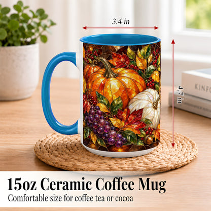 #pl[15oz|Blue] Stained Glass Style Pumpkin Coffee Mug, Autumn Harvest Mug, Ceramic Cup