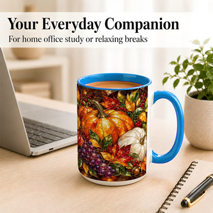 #pl[15oz|Blue] Stained Glass Style Pumpkin Coffee Mug, Autumn Harvest Mug, Ceramic Cup