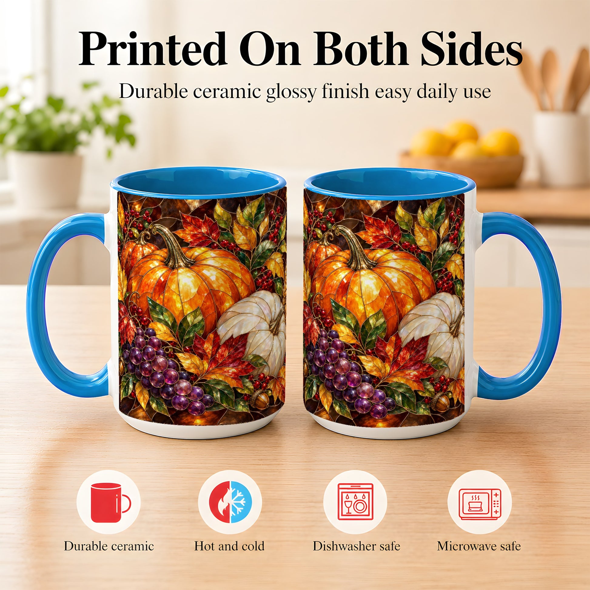#pl[15oz|Blue] Stained Glass Style Pumpkin Coffee Mug, Autumn Harvest Mug, Ceramic Cup