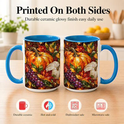 #pl[15oz|Blue] Stained Glass Style Pumpkin Coffee Mug, Autumn Harvest Mug, Ceramic Cup