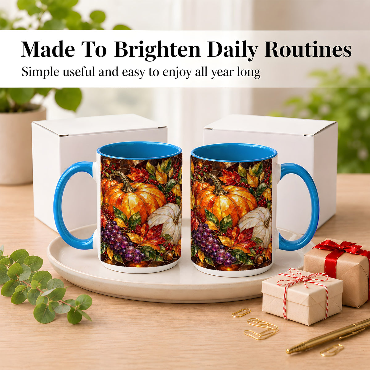 #pl[15oz|Blue] Stained Glass Style Pumpkin Coffee Mug, Autumn Harvest Mug, Ceramic Cup
