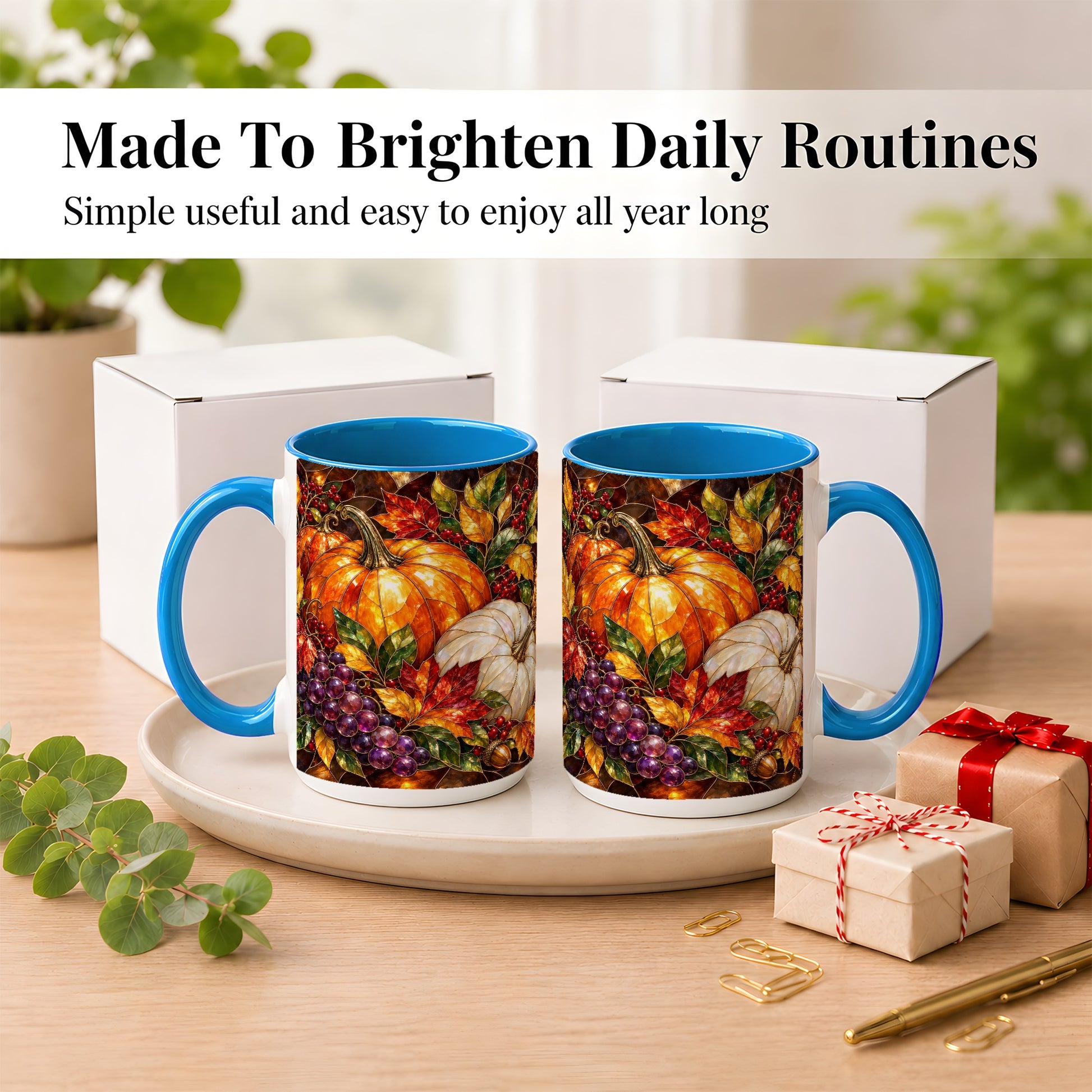#pl[15oz|Blue] Stained Glass Style Pumpkin Coffee Mug, Autumn Harvest Mug, Ceramic Cup