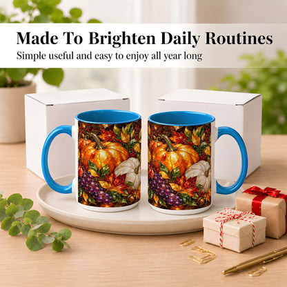 #pl[15oz|Blue] Stained Glass Style Pumpkin Coffee Mug, Autumn Harvest Mug, Ceramic Cup