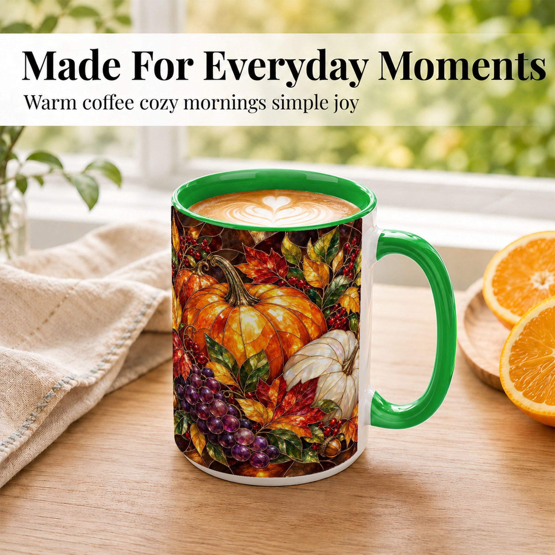#pl[15oz|Green] Stained Glass Style Pumpkin Coffee Mug, Autumn Harvest Mug, Ceramic Cup