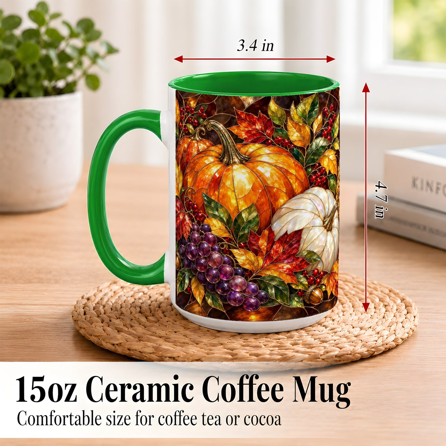 #pl[15oz|Green] Stained Glass Style Pumpkin Coffee Mug, Autumn Harvest Mug, Ceramic Cup
