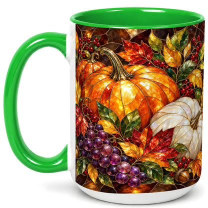 #pl[15oz|Green] Stained Glass Style Pumpkin Coffee Mug, Autumn Harvest Mug, Ceramic Cup