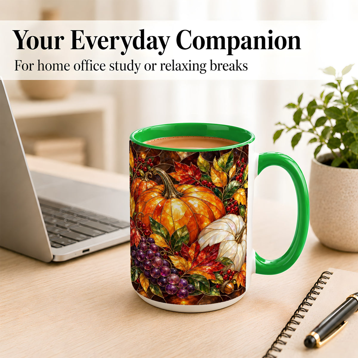 #pl[15oz|Green] Stained Glass Style Pumpkin Coffee Mug, Autumn Harvest Mug, Ceramic Cup