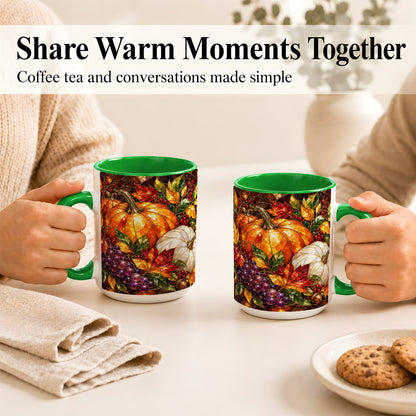 #pl[15oz|Green] Stained Glass Style Pumpkin Coffee Mug, Autumn Harvest Mug, Ceramic Cup