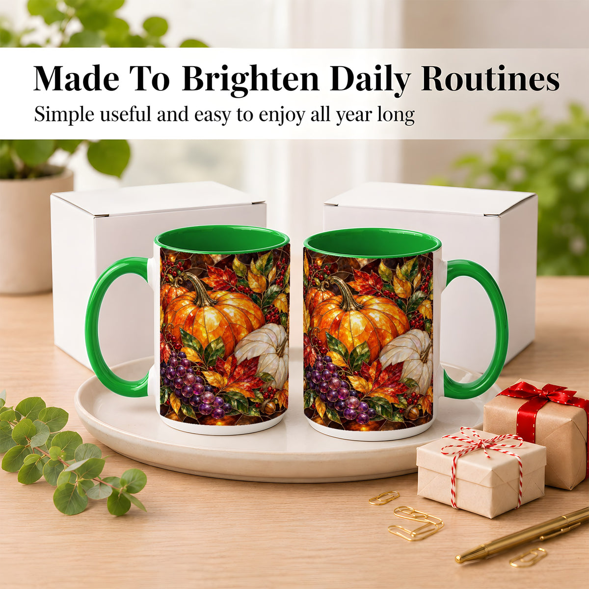 #pl[15oz|Green] Stained Glass Style Pumpkin Coffee Mug, Autumn Harvest Mug, Ceramic Cup