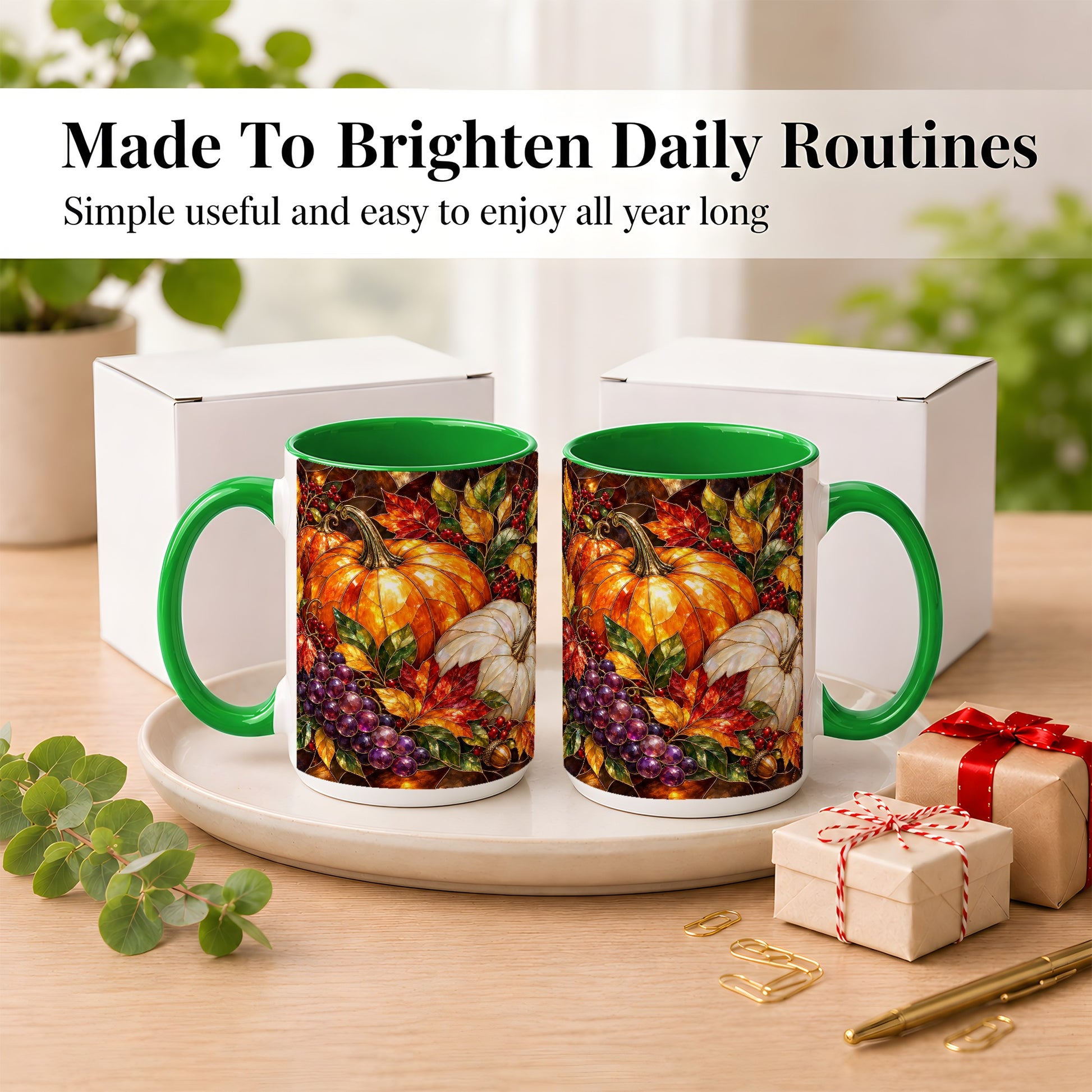 #pl[15oz|Green] Stained Glass Style Pumpkin Coffee Mug, Autumn Harvest Mug, Ceramic Cup