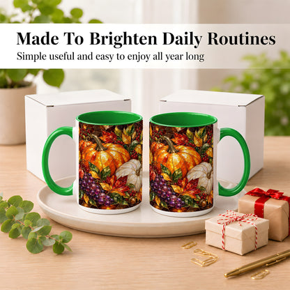 #pl[15oz|Green] Stained Glass Style Pumpkin Coffee Mug, Autumn Harvest Mug, Ceramic Cup