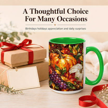 #pl[15oz|Green] Stained Glass Style Pumpkin Coffee Mug, Autumn Harvest Mug, Ceramic Cup
