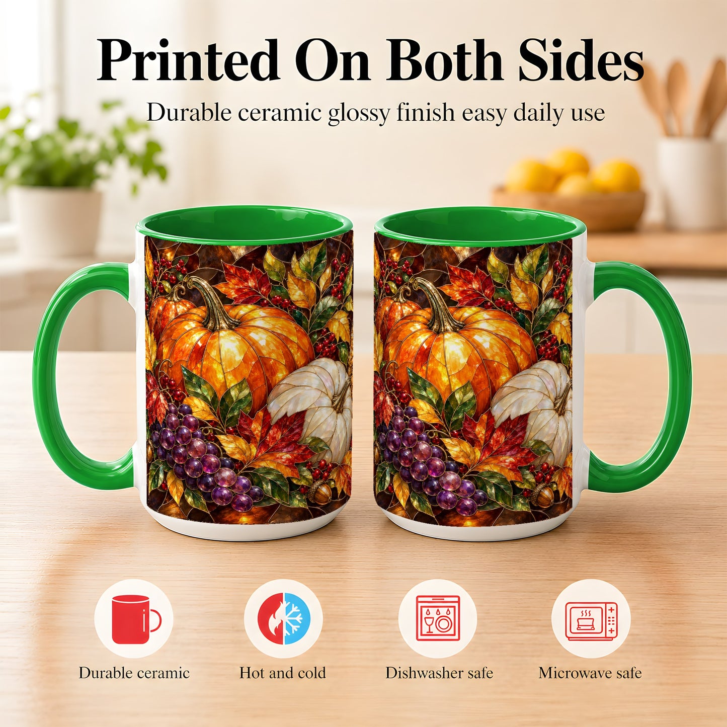 #pl[15oz|Green] Stained Glass Style Pumpkin Coffee Mug, Autumn Harvest Mug, Ceramic Cup