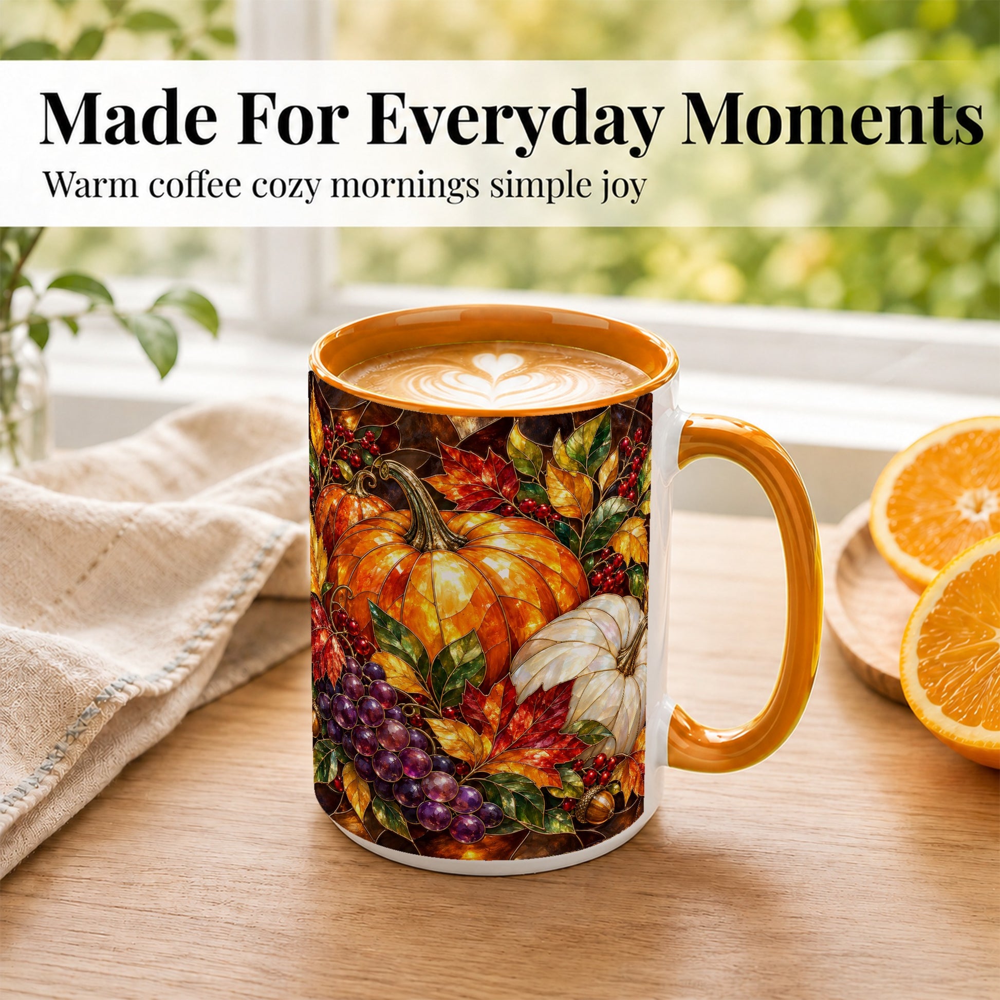 #pl[15oz|Orange] Stained Glass Style Pumpkin Coffee Mug, Autumn Harvest Mug, Ceramic Cup