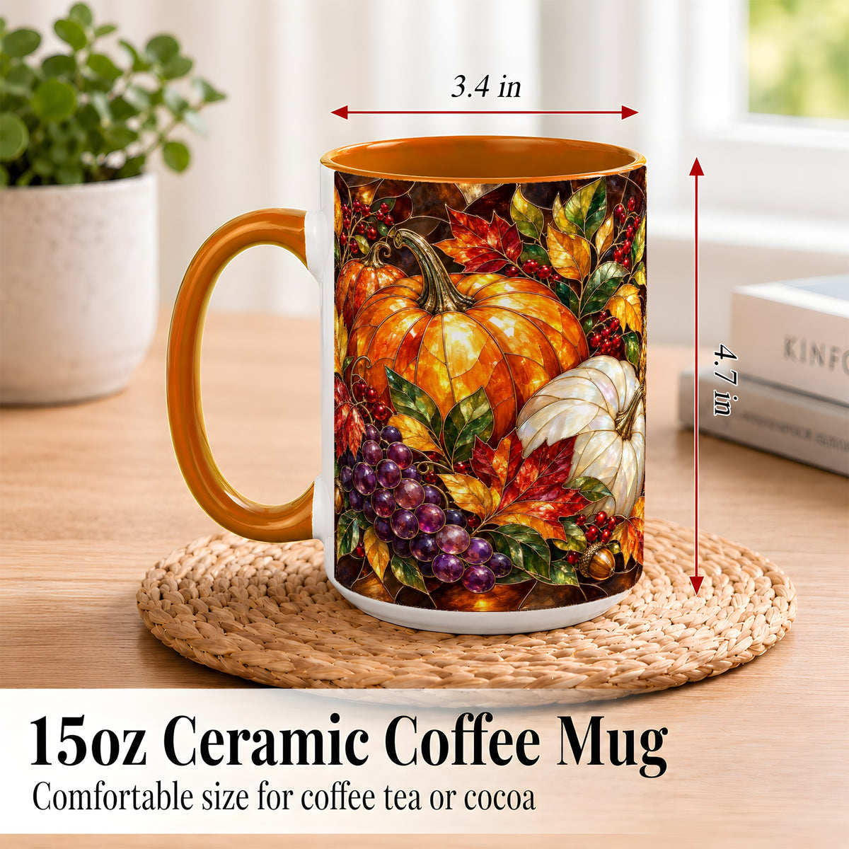 #pl[15oz|Orange] Stained Glass Style Pumpkin Coffee Mug, Autumn Harvest Mug, Ceramic Cup