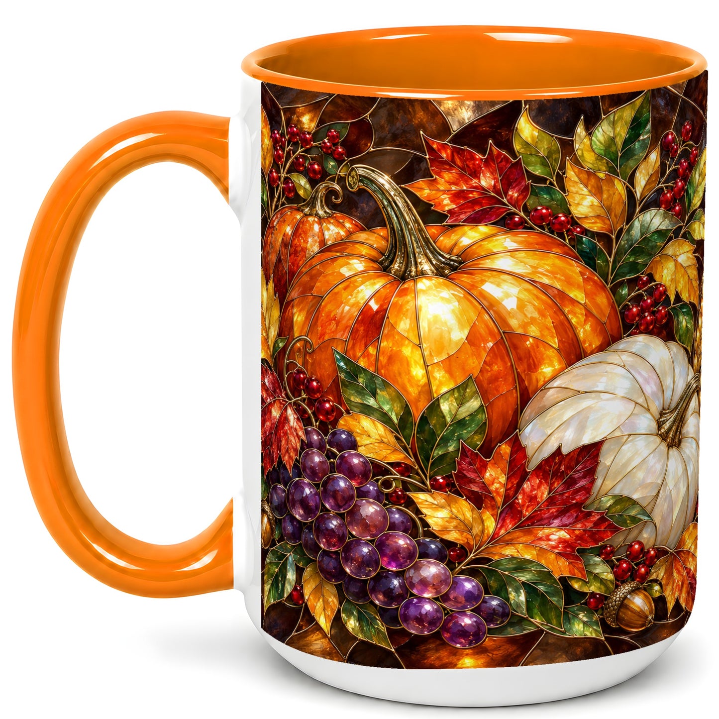 #pl[15oz|Orange] Stained Glass Style Pumpkin Coffee Mug, Autumn Harvest Mug, Ceramic Cup