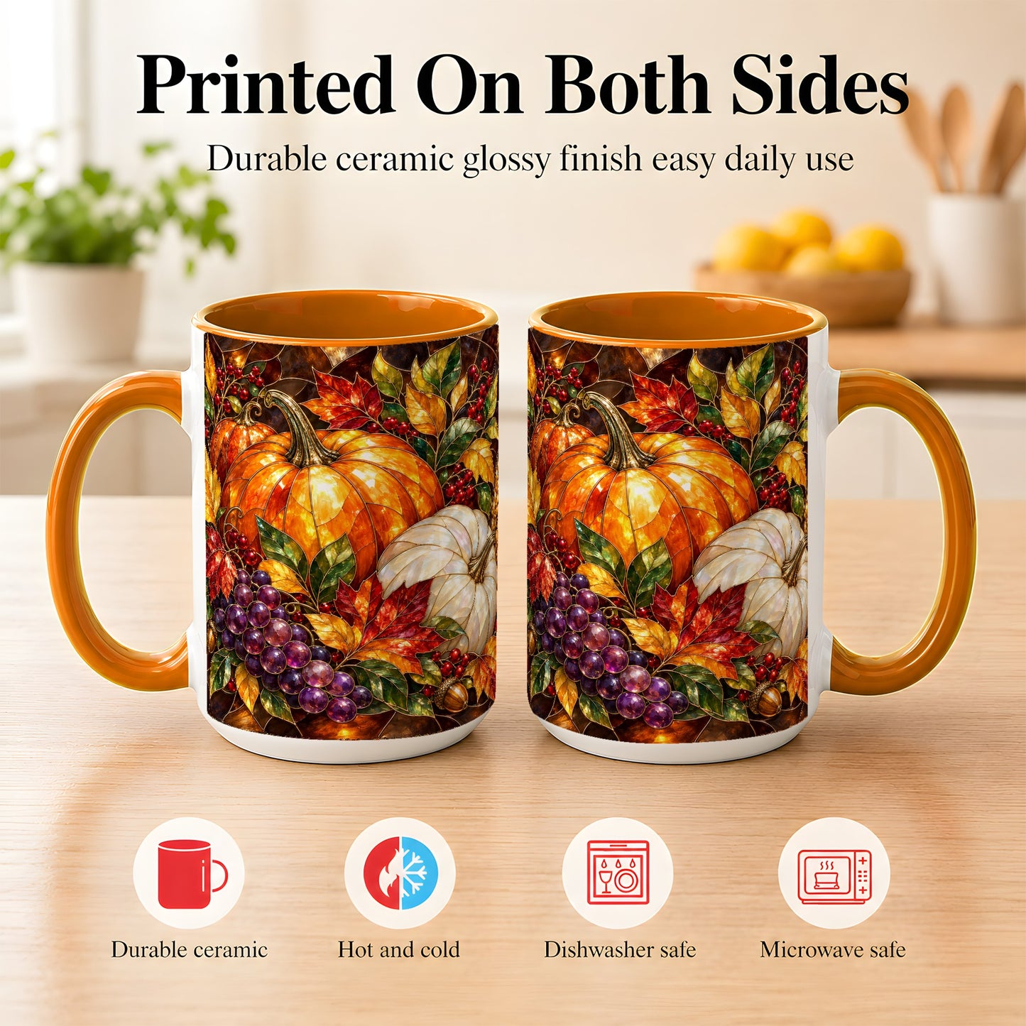 #pl[15oz|Orange] Stained Glass Style Pumpkin Coffee Mug, Autumn Harvest Mug, Ceramic Cup