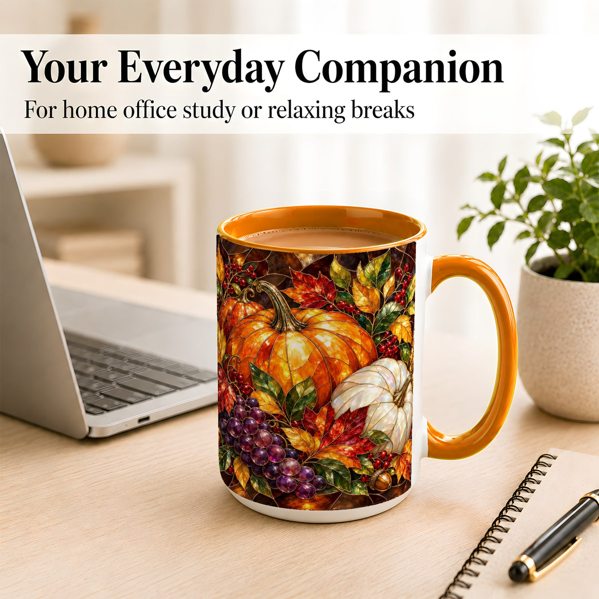 #pl[15oz|Orange] Stained Glass Style Pumpkin Coffee Mug, Autumn Harvest Mug, Ceramic Cup