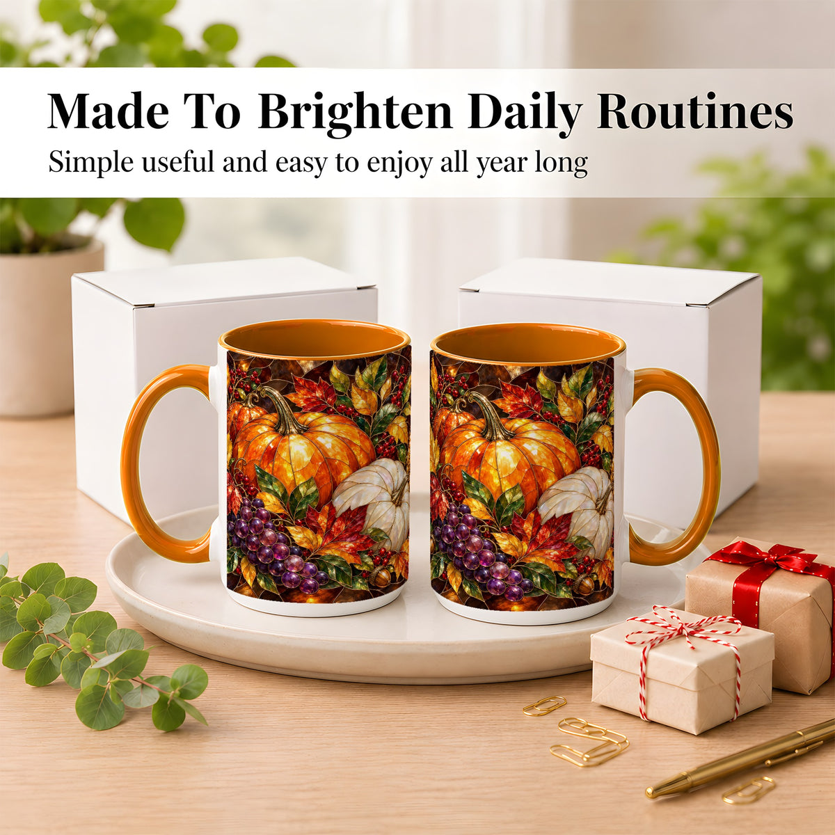 #pl[15oz|Orange] Stained Glass Style Pumpkin Coffee Mug, Autumn Harvest Mug, Ceramic Cup