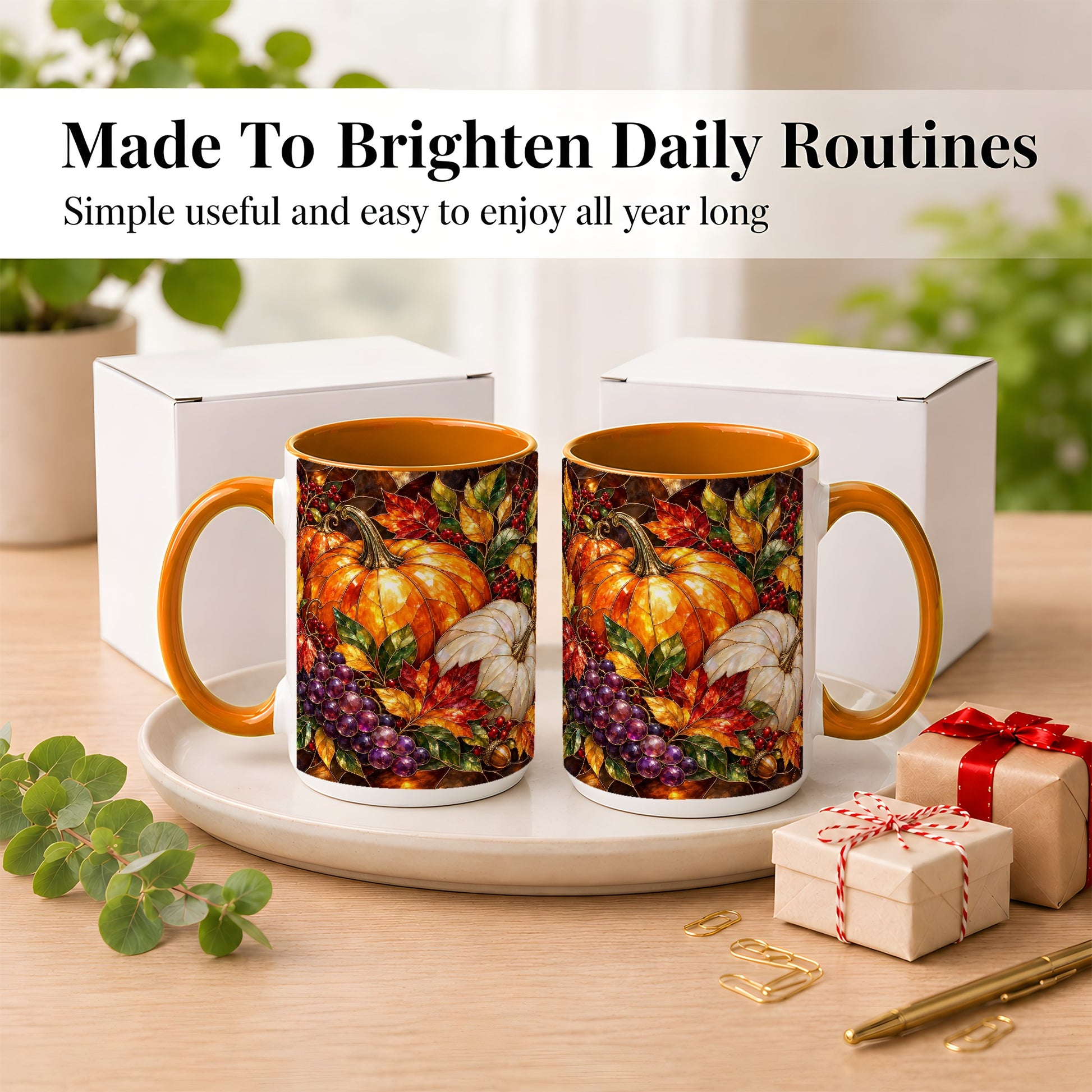 #pl[15oz|Orange] Stained Glass Style Pumpkin Coffee Mug, Autumn Harvest Mug, Ceramic Cup