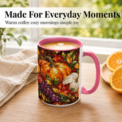 #pl[15oz|Pink] Stained Glass Style Pumpkin Coffee Mug, Autumn Harvest Mug, Ceramic Cup