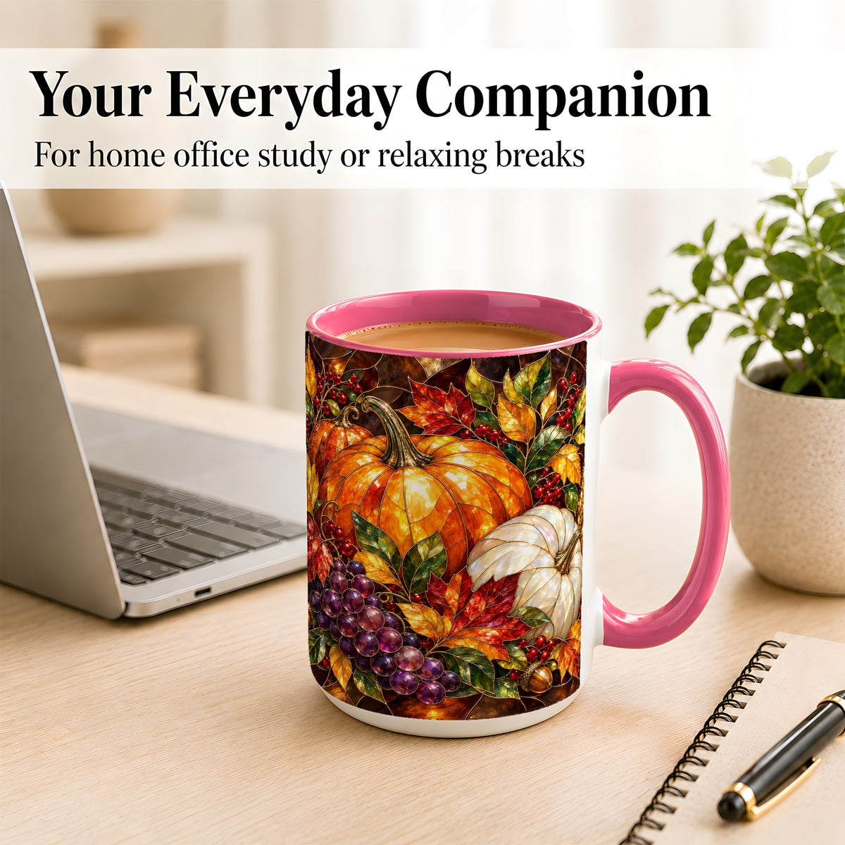 #pl[15oz|Pink] Stained Glass Style Pumpkin Coffee Mug, Autumn Harvest Mug, Ceramic Cup