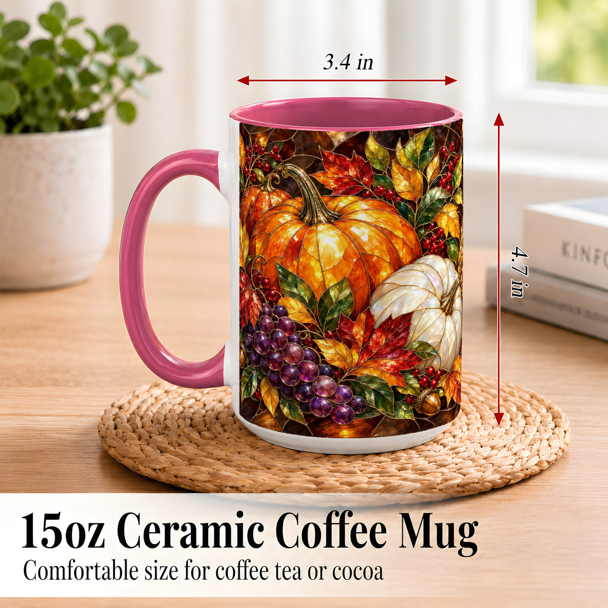 #pl[15oz|Pink] Stained Glass Style Pumpkin Coffee Mug, Autumn Harvest Mug, Ceramic Cup