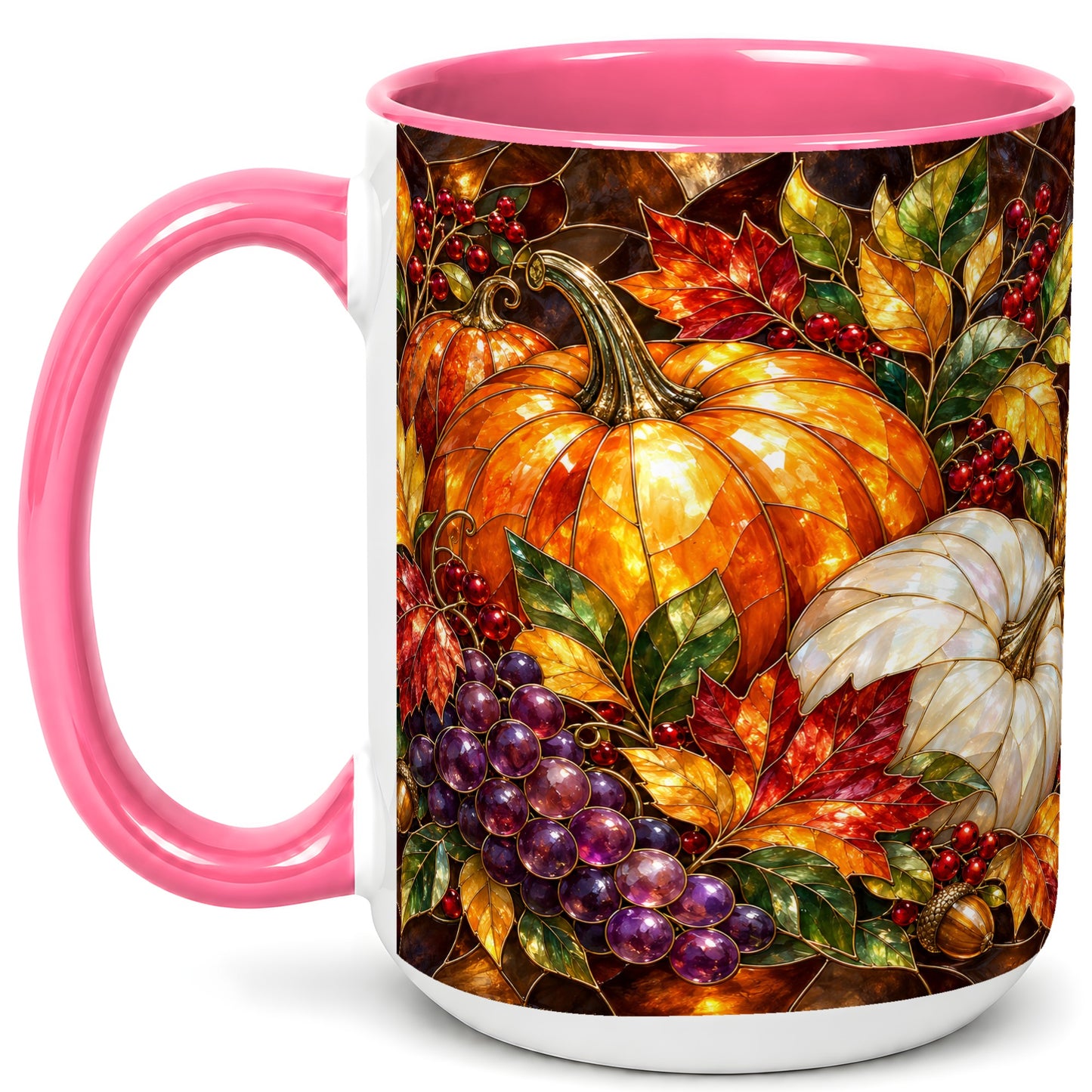 #pl[15oz|Pink] Stained Glass Style Pumpkin Coffee Mug, Autumn Harvest Mug, Ceramic Cup