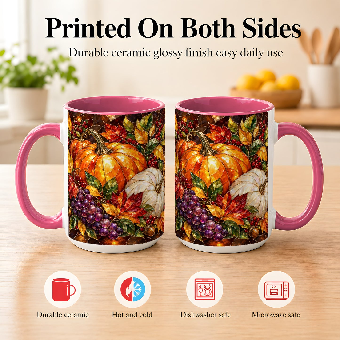 #pl[15oz|Pink] Stained Glass Style Pumpkin Coffee Mug, Autumn Harvest Mug, Ceramic Cup