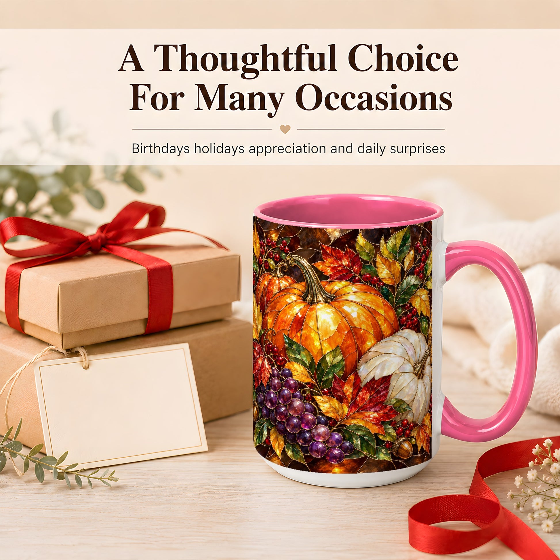 #pl[15oz|Pink] Stained Glass Style Pumpkin Coffee Mug, Autumn Harvest Mug, Ceramic Cup
