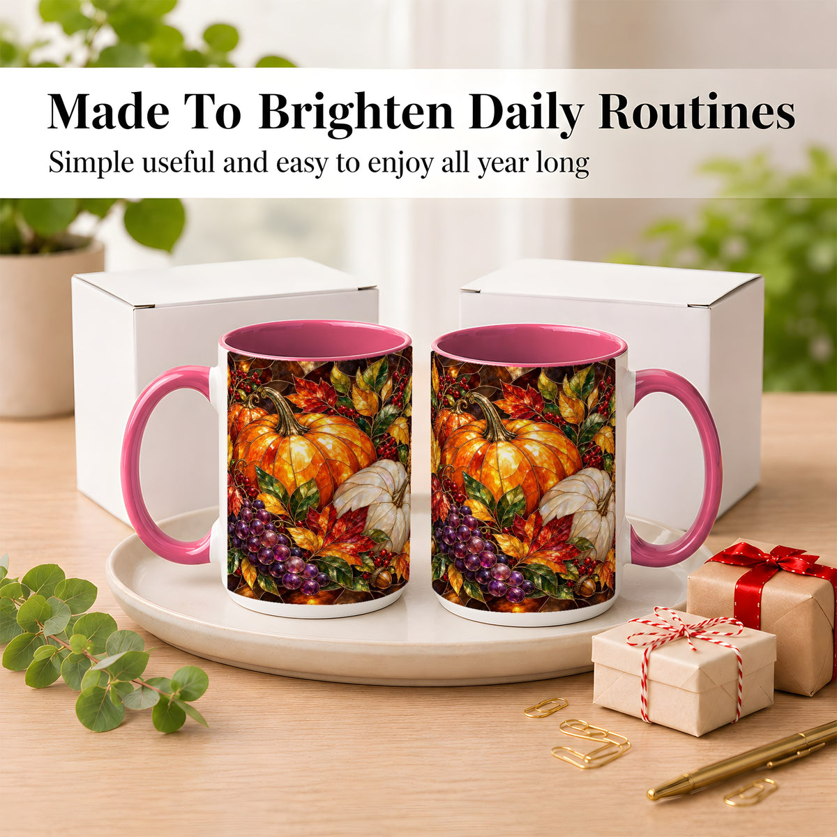 #pl[15oz|Pink] Stained Glass Style Pumpkin Coffee Mug, Autumn Harvest Mug, Ceramic Cup