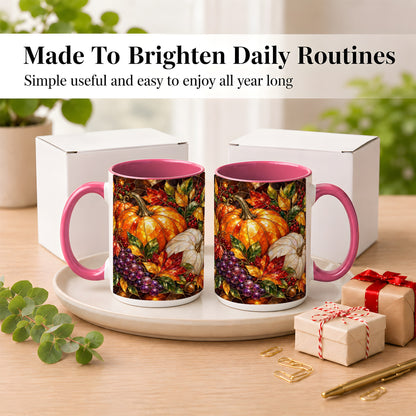 #pl[15oz|Pink] Stained Glass Style Pumpkin Coffee Mug, Autumn Harvest Mug, Ceramic Cup