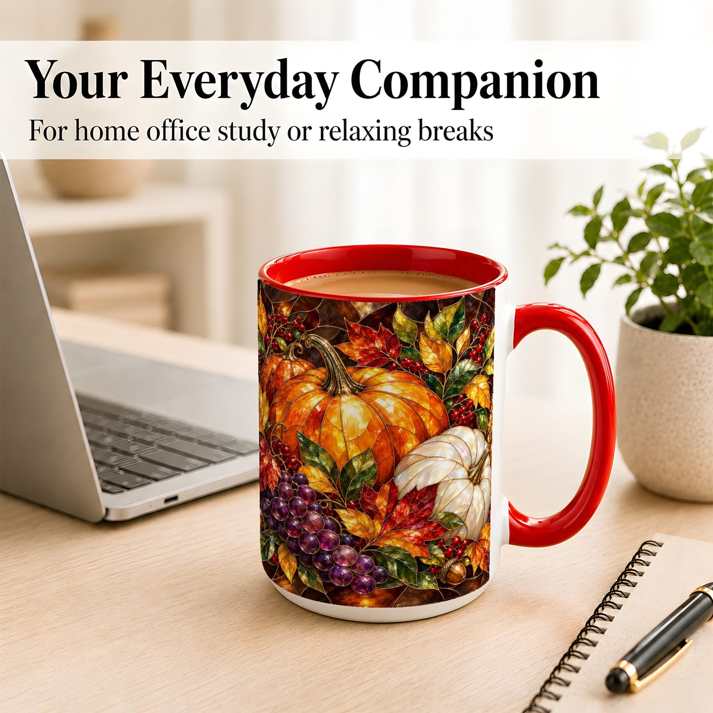 #pl[15oz|Red] Stained Glass Style Pumpkin Coffee Mug, Autumn Harvest Mug, Ceramic Cup