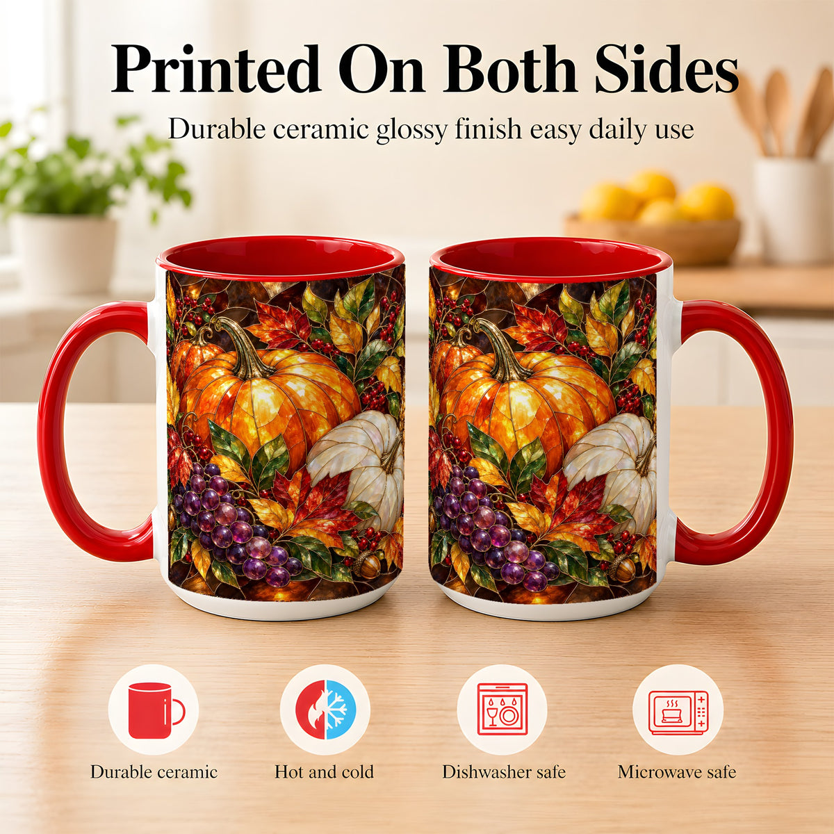 #pl[15oz|Red] Stained Glass Style Pumpkin Coffee Mug, Autumn Harvest Mug, Ceramic Cup