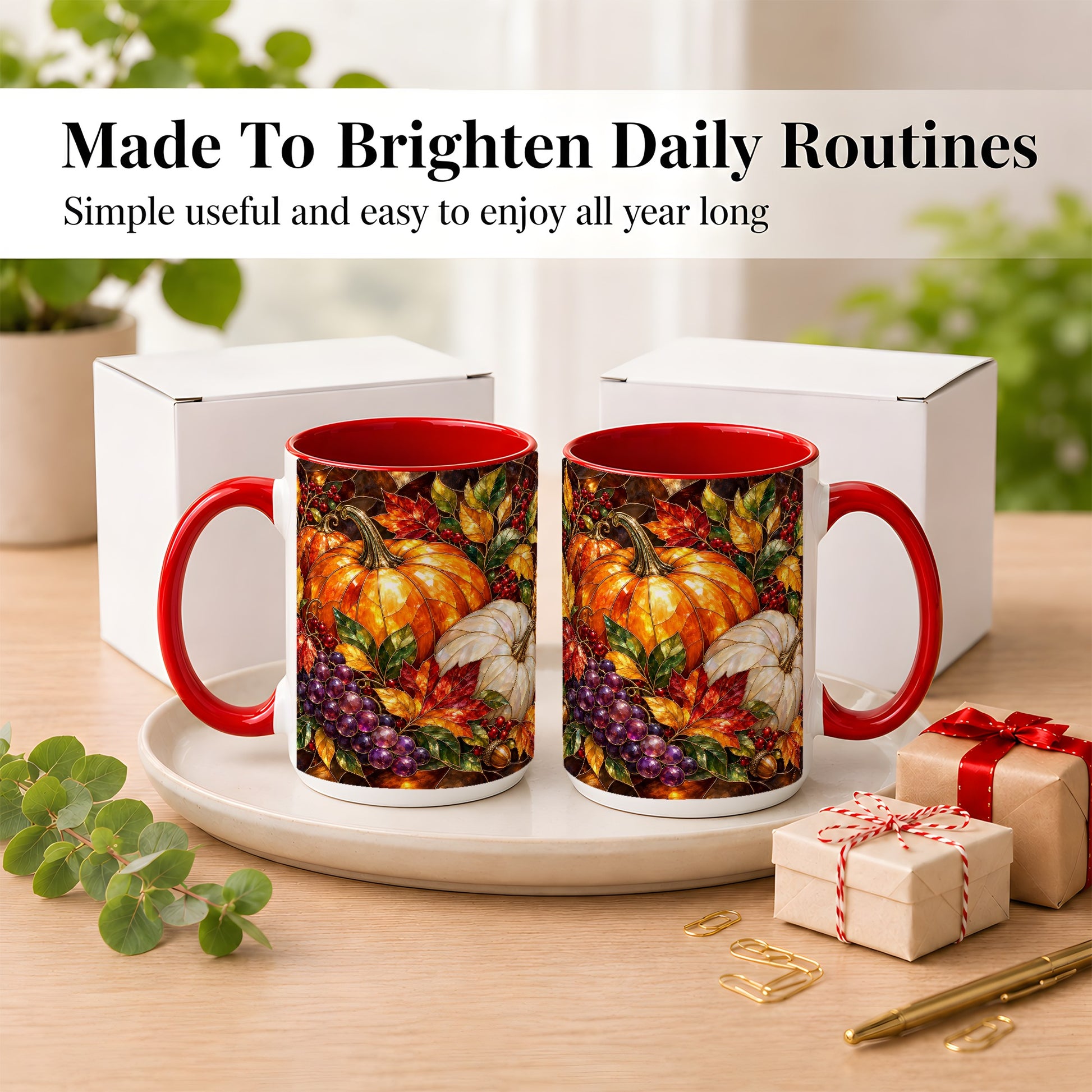 #pl[15oz|Red] Stained Glass Style Pumpkin Coffee Mug, Autumn Harvest Mug, Ceramic Cup