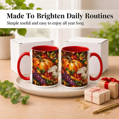 #pl[15oz|Red] Stained Glass Style Pumpkin Coffee Mug, Autumn Harvest Mug, Ceramic Cup