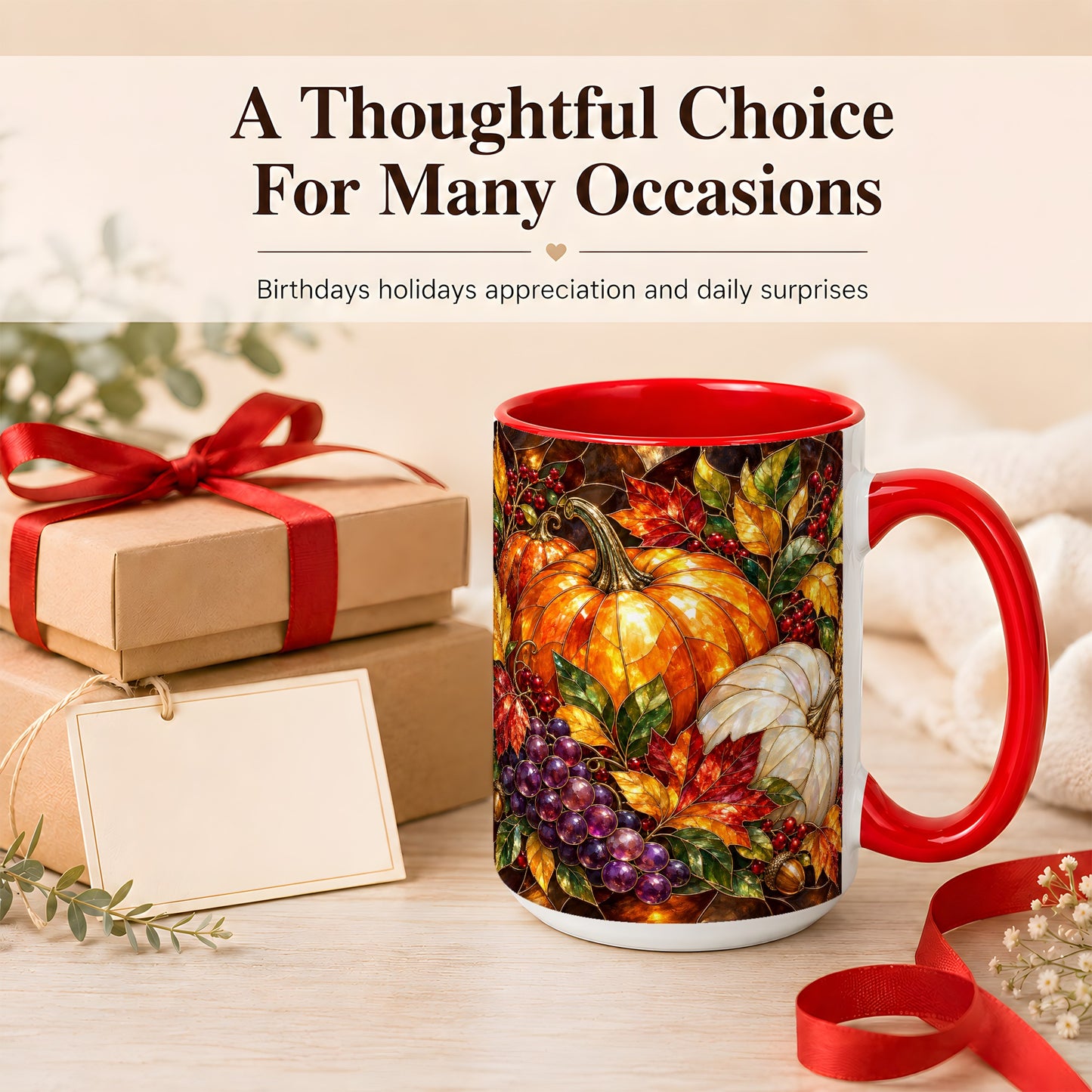 #pl[15oz|Red] Stained Glass Style Pumpkin Coffee Mug, Autumn Harvest Mug, Ceramic Cup