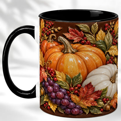 #pl[11oz|Black] Ornate Pumpkin Harvest Coffee Mug, Autumn Leaves Mug, Ceramic Cup
